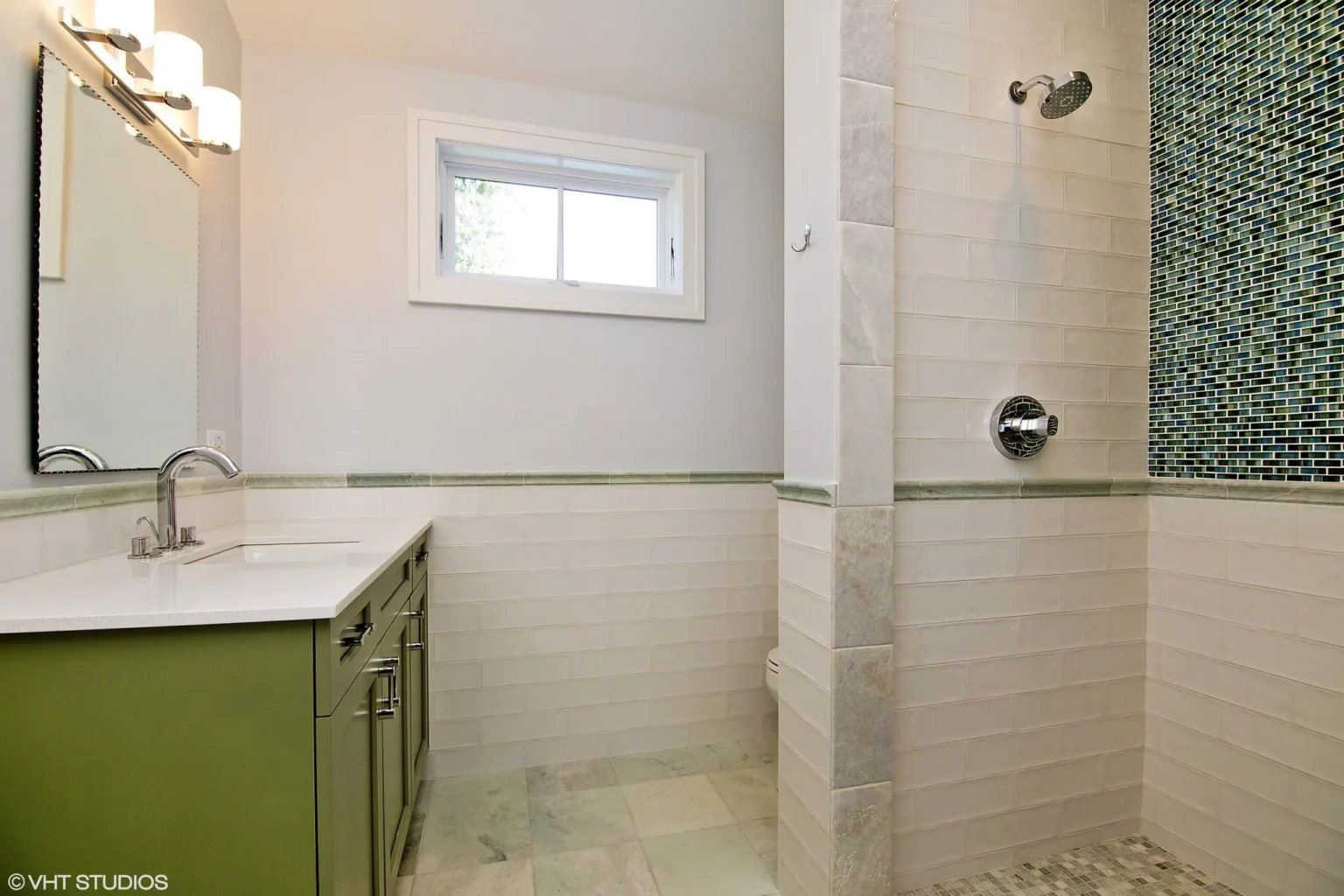 Bathroom Vanity with green cabinets